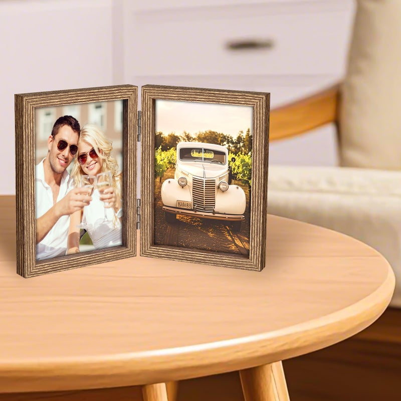 AEVETE 3.5x5 Picture Frames Double Hinged Wood Folding Photo Frames Vertical with Plexiglass Front, Wood Grain - Image 2